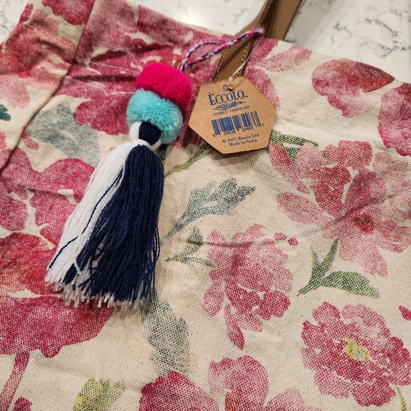 FLORAL FLIRTY POM POM CANVAS TOTE BAG WATERCOLOR ECCOLO NWT cream & pink - Picture 9 of 12